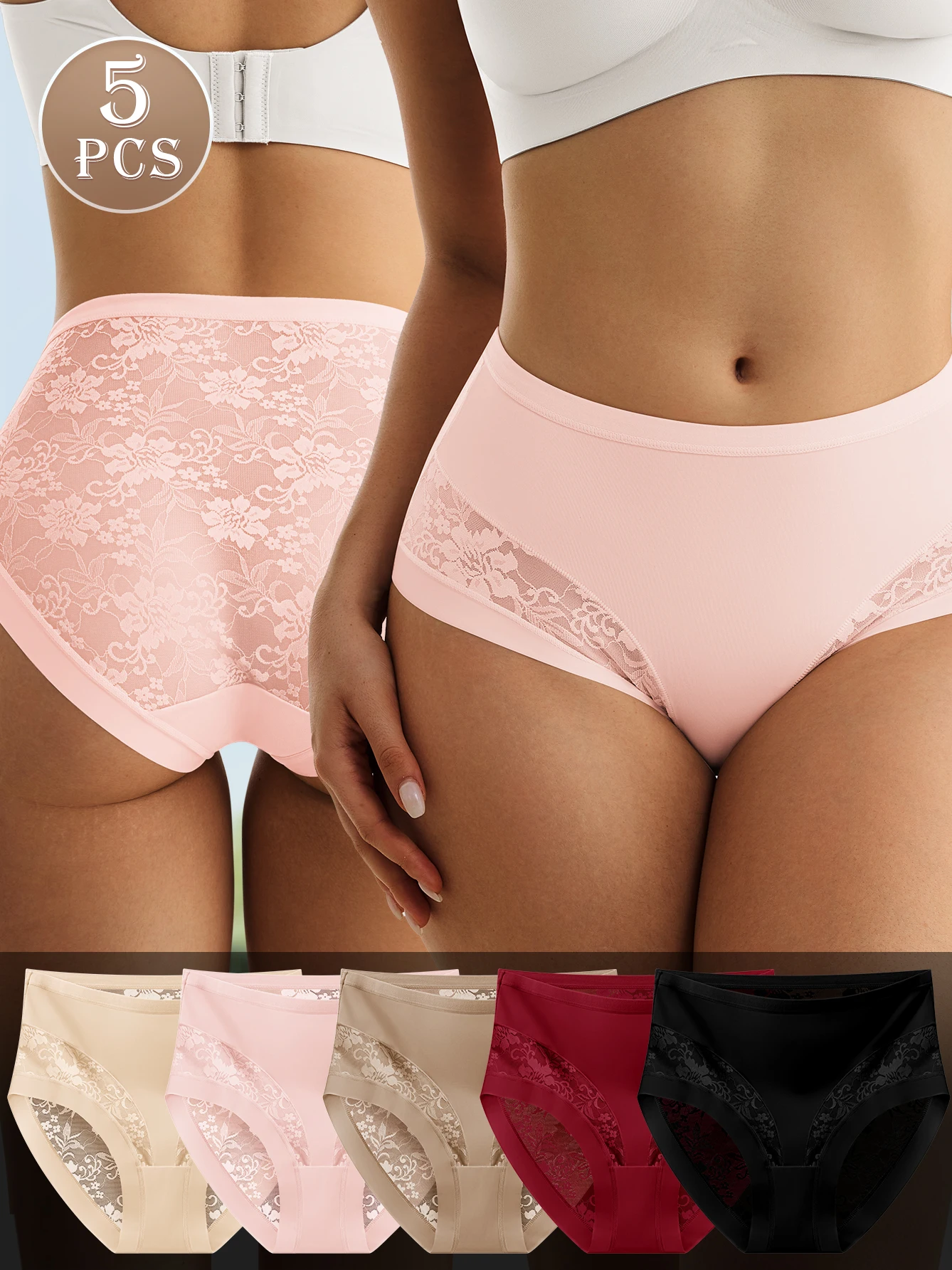 

5 шт. женские кружевные трусики с сетчатым пэчворком, элегантная мягкая и дышащая ткань для комфорта на весь день, идеально подходят для вечеринок и свиданий