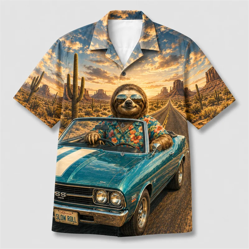 Men's Muscle Car Animal Hawaiian Shirt Desert Road Print Short Sleeve Vacation Party Beachwear
