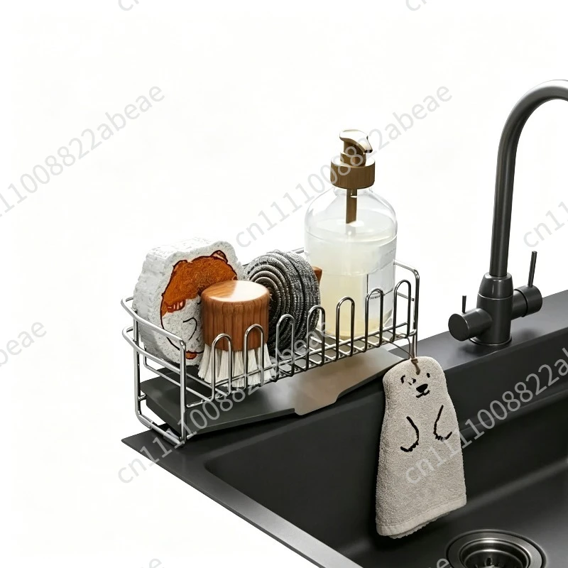 Sponge Drain Rack with Stainless Steel Dishcloth Holder Kitchen Sink Faucet Shelf with Narrow Edge