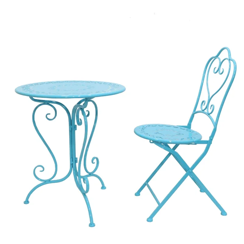 Vintage Design Outdoor Garden Patio Metal Table and Chairs Set Blue Folding Decorative Balcony Furniture