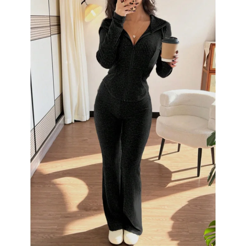 2025 بلون عادية سليم المرأة قطعتين مجموعات أنيقة الخريف كامل بنطلون مجموعة الإناث السراويل مجموعات الزي الملابس #4