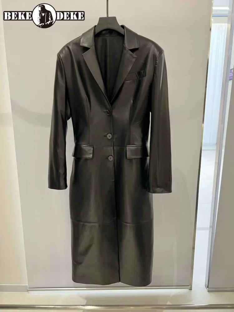 Italian Designer Women Long Sheepskin Genuine Leather Jacket Slim Fit Waist Windbreaker Trench Coat Fashion Punk Style Overcoat