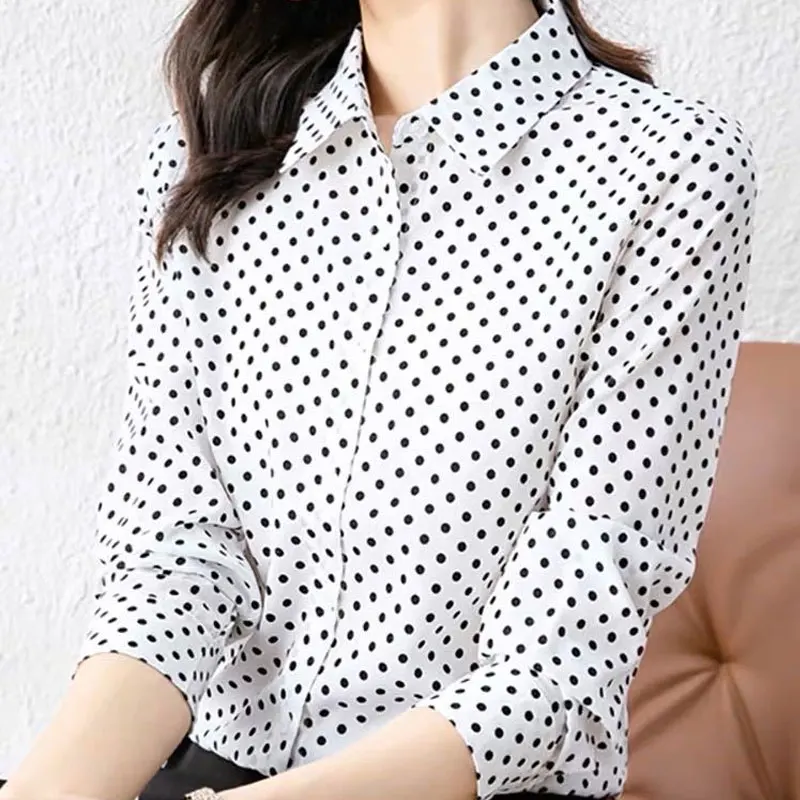 Office Lady Polka Dot Printed Shirt Spring Summer Long Sleeve Korean Single-breasted Female Clothing Casual Polo-Neck Blouse New