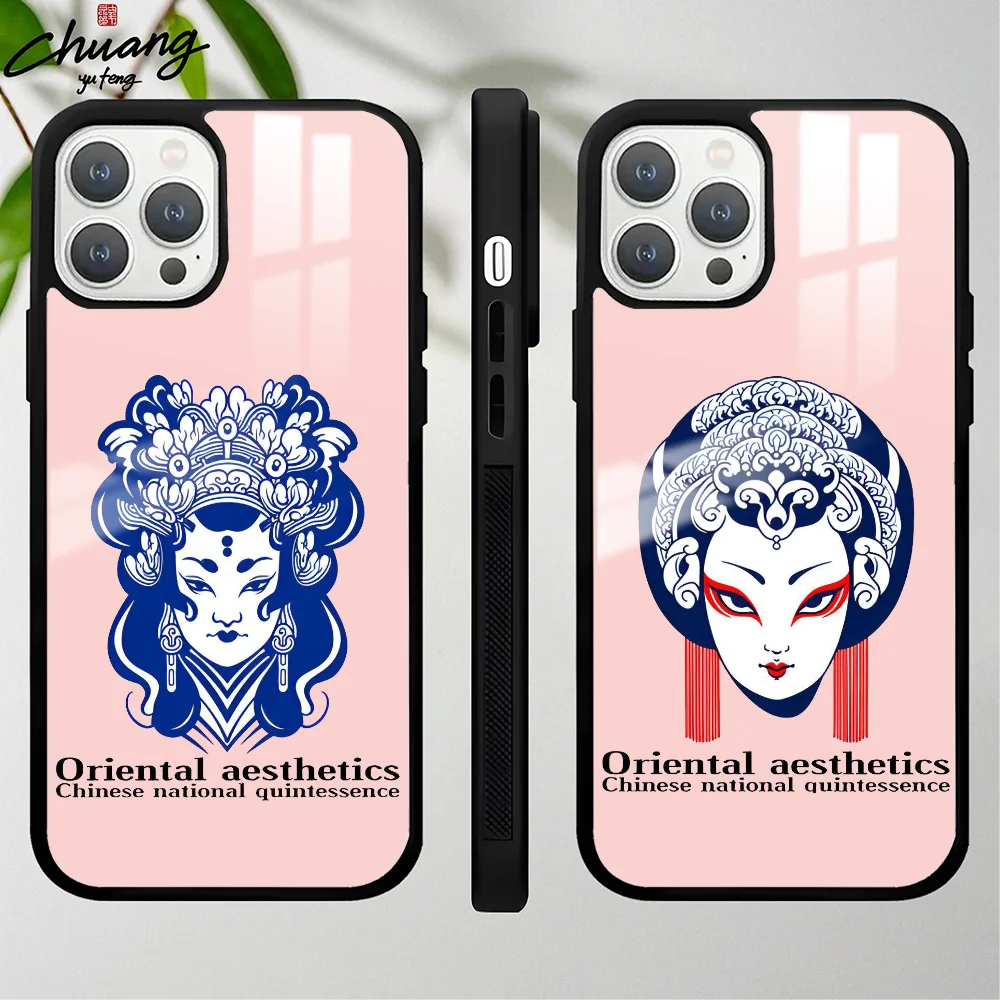 Oriental aesthetic facial makeup Phone Case For 11 12 13 14 15 16Pro Max mini Plus Frosted mirror Phone Cover