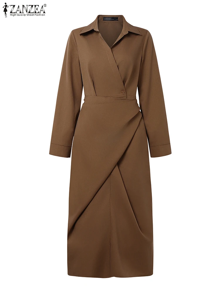 فستان قميص نسائي للخريف من ZANZRA فستان صيفي أنيق غير رسمي على الطراز الكوري 2025 بأكمام طويلة ورقبة على شكل طية صدر السترة