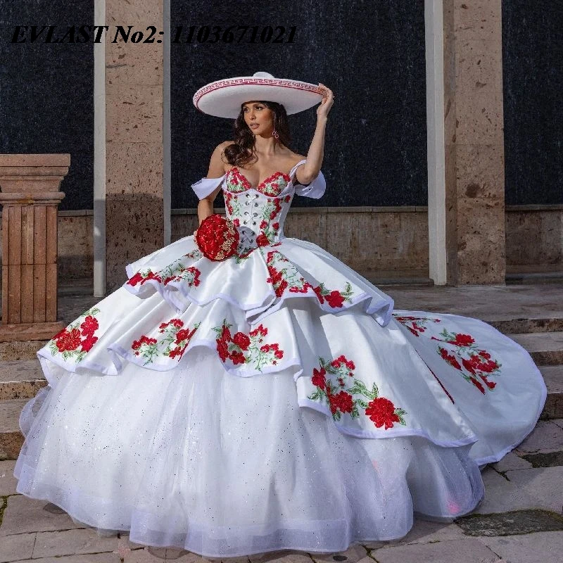 

EVLAST Customized Mexican White Quinceanera Dress Ball Gown Red Embroidery Applique Beading Sweet 16 Vestidos 15 Anos E2QA221