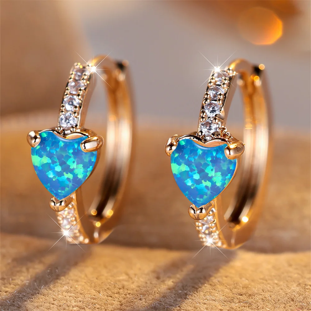 العصرية الحب القلب حجر الأزرق أوبال هوب أقراط للنساء خمر الذهب اللون الصغيرة الأذن مشبك مجوهرات الزفاف هدايا حفلات الزفاف