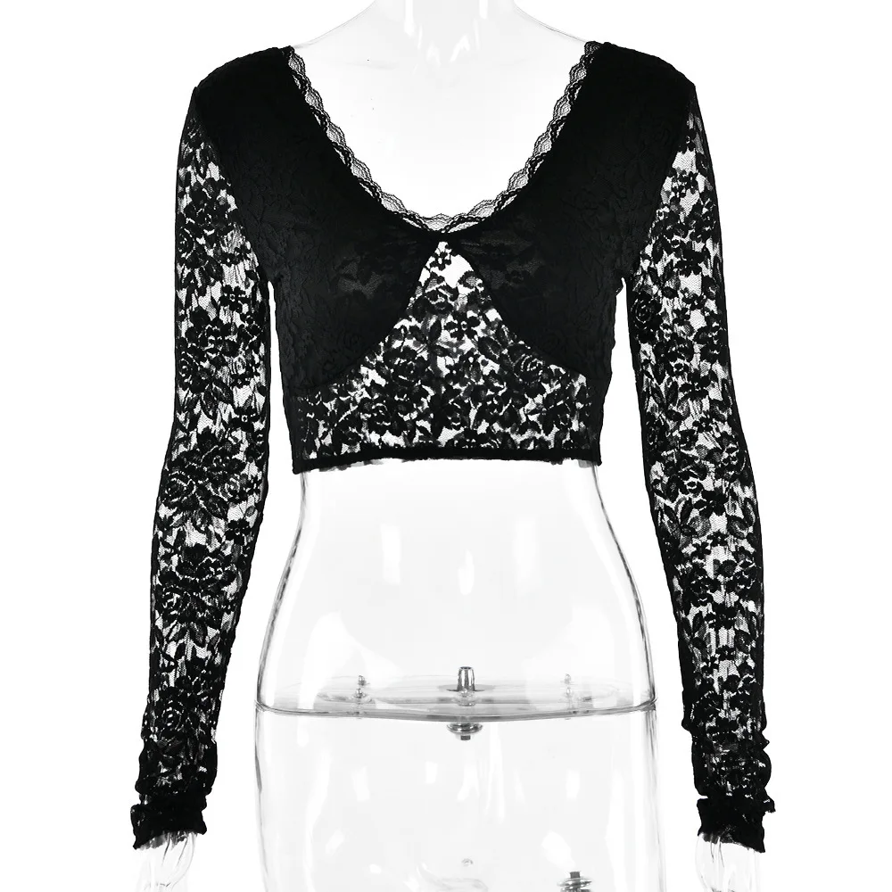 Summer New Lace V-Neck Short T-Shirt For Women Sexy Pure Desire Style Long Sleeve Backless Slim Fit Top