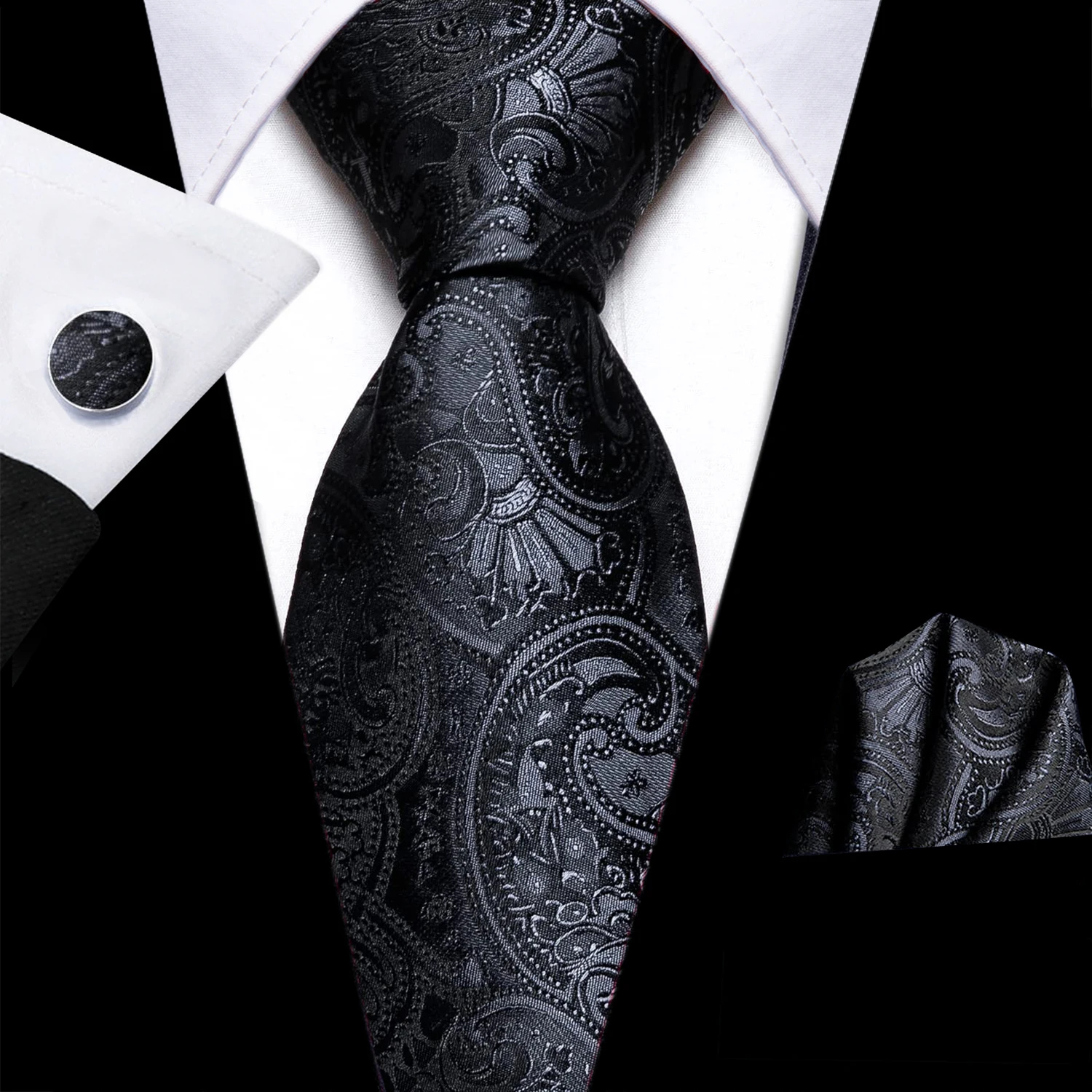 Preto paisley masculino gravata lenço abotoaduras conjunto jacquard gravata para homem masculino casamento negócios gravatas formal pai marido presente
