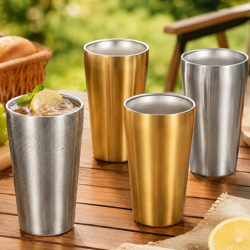 Double Wall Cups Gold Silver Metal Drinking Mugs Stackable Coffee Beer Cup for Home Bar Outdoor  304 Stainless Steel Cup