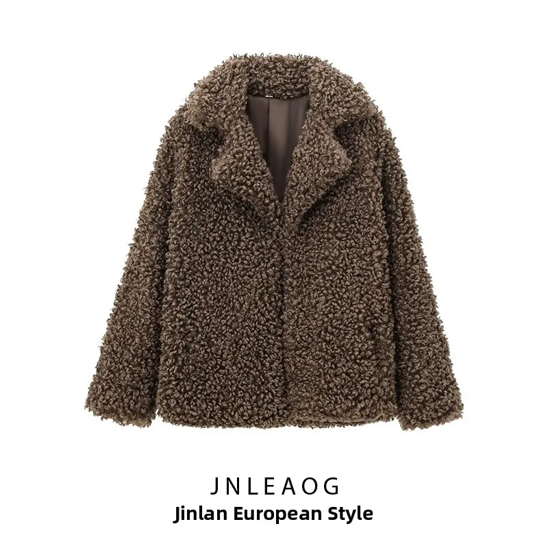 JNLEAOG Damen-Ort-Mantel mit Kunstfell-Effekt, Wind-Design, neue Sle-Stand-Passform, lang, Sve, Polyester, Flip-Kragen, Knopfleiste