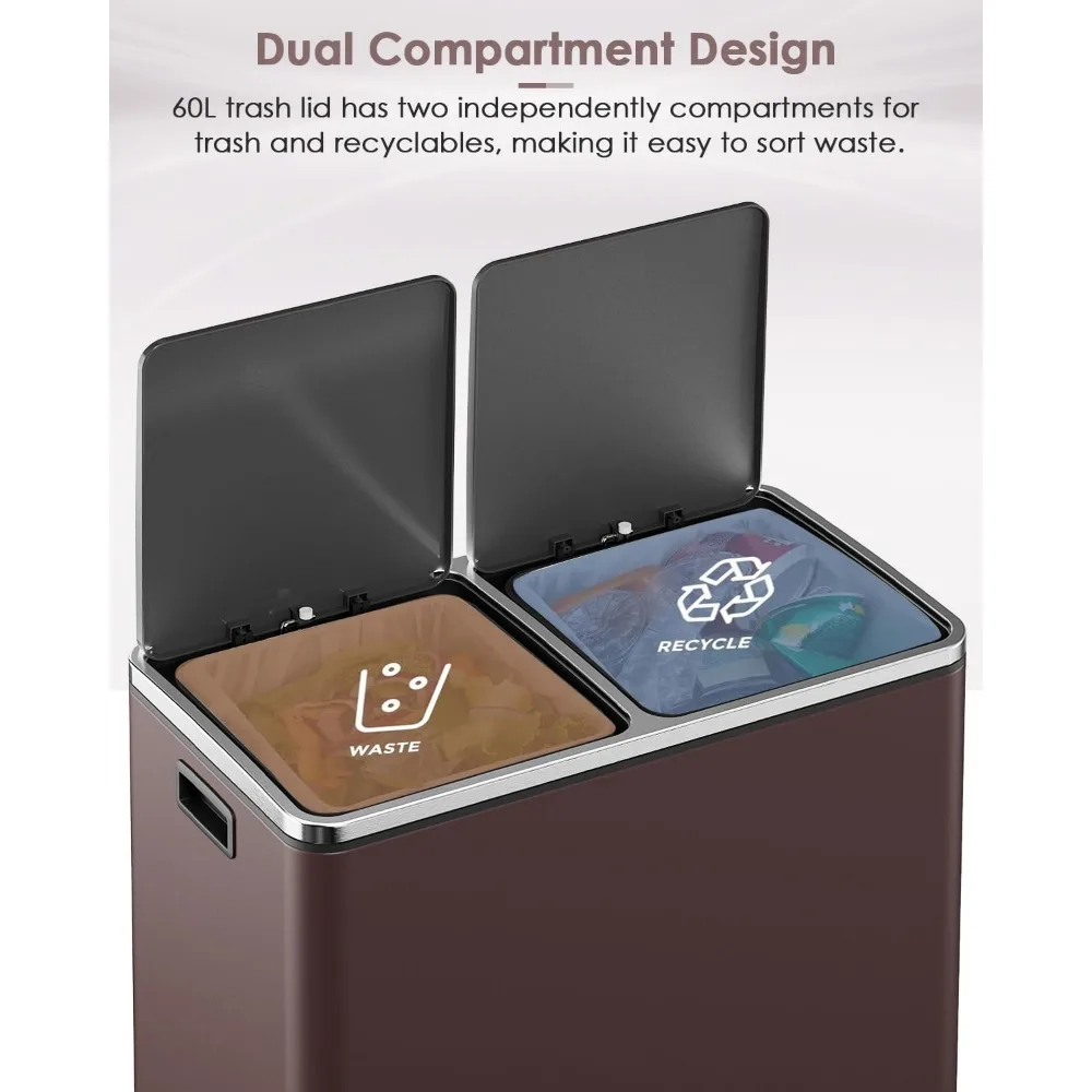 Poubelle de cuisine à double compartiment en acier inoxydable, capacité de 60l pour les déchets et le recyclage, grande poubelle avec Secti séparé