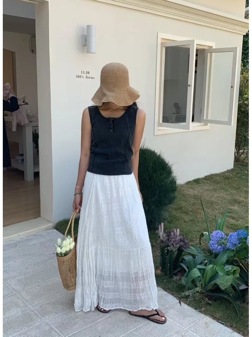 

High Waist A-Line Skirt Women's Lace Draped Gauze f-length Skirts Korean Sle Loose Fit Mid-length Pure Color