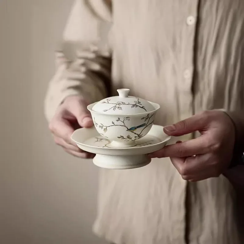 เซรามิกทรัมเปตสามฝาปิดถ้วยชุดน้ำชากังฟูหม้อมือถือตาข่ายชงชาถ้วยชาเชงฟู