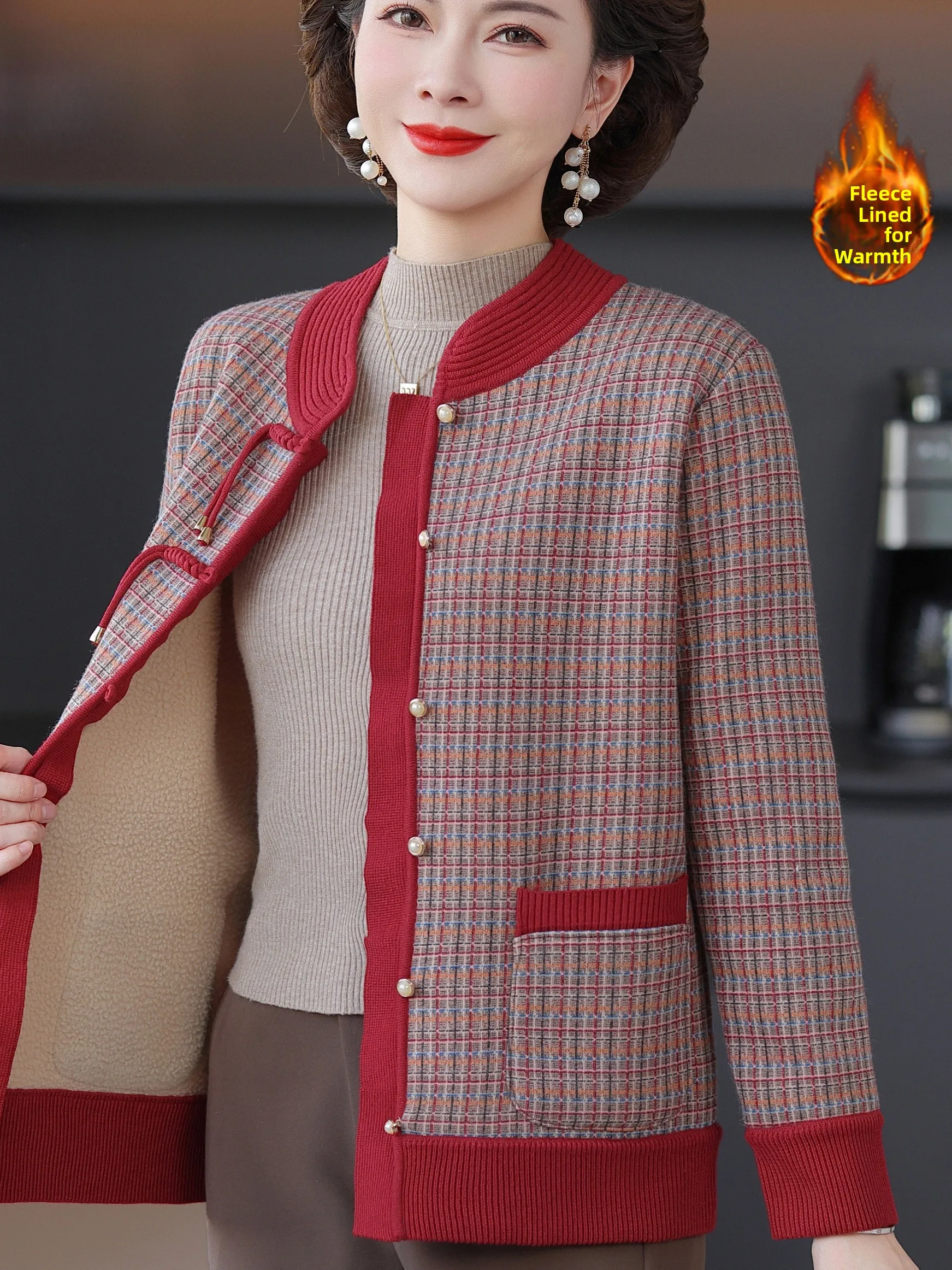 

Осень-зима, вязаный кардиган в клетку, женская модная одежда для мам, теплая верхняя одежда, пальто, топ без рукавов для среднего возраста...