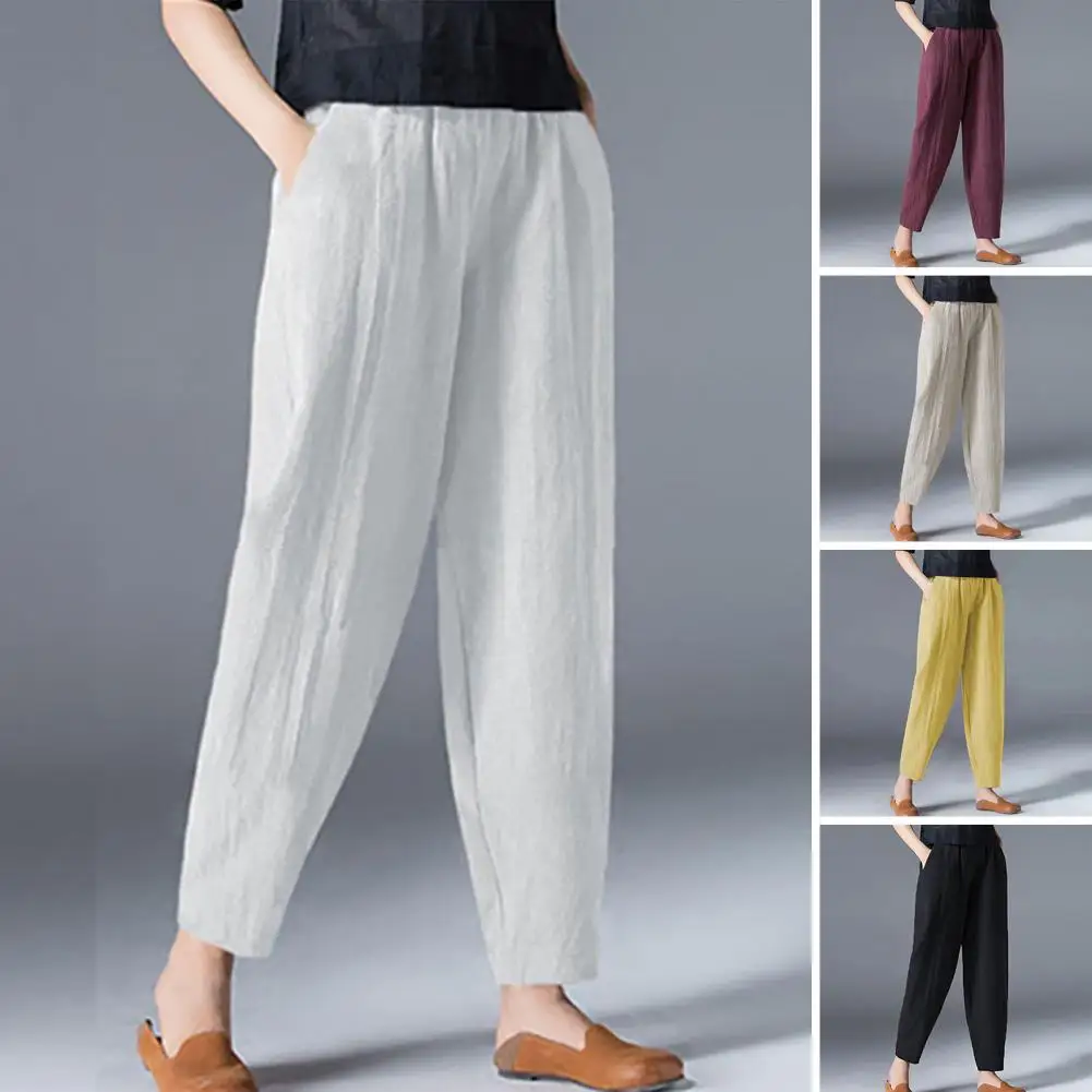 

Cotton Wide Leg Pants Female Loose Solid Color Harem Summer Casual Elastic Waist Ankle-length Pants Women Clothing