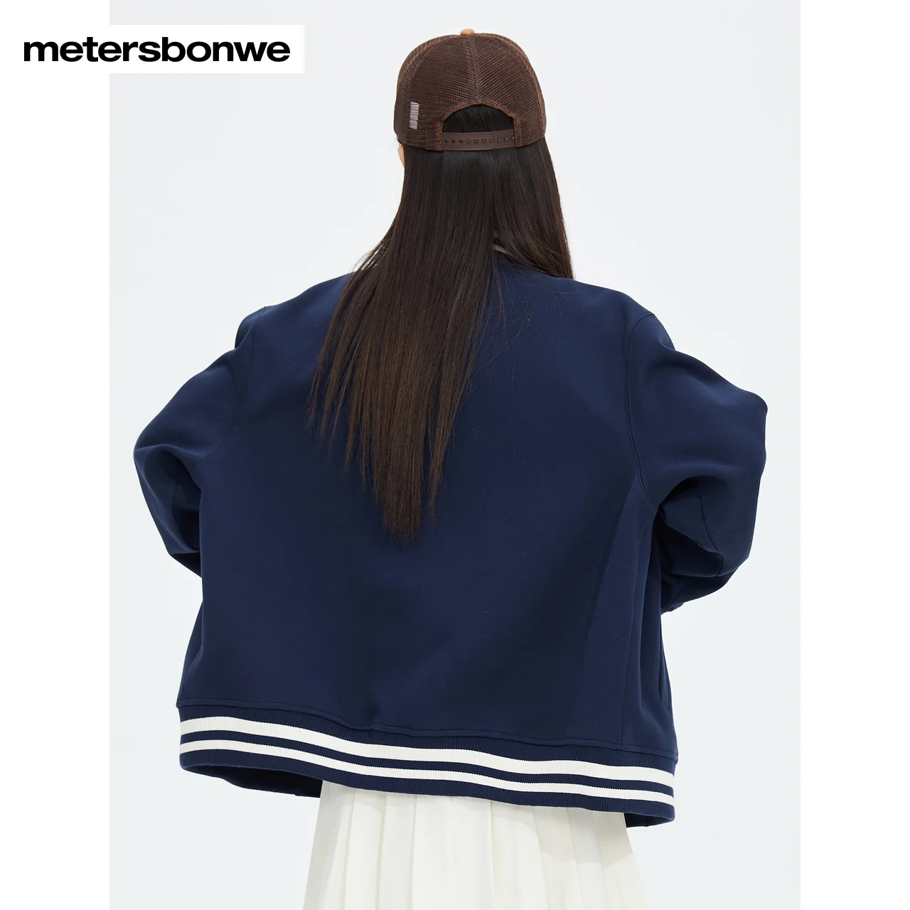 Metersbonwe-Women\'s Knit Cardigan Thick Fleese-Lined Straight Loose Classic Baseball Warm Wear Campus Sport Casual Autumn