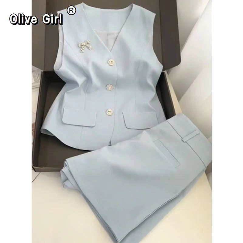 

Olivegirl High-end Elegant Women's Vest Shorts Set Summer Set Light Blue Vest and Shorts Set