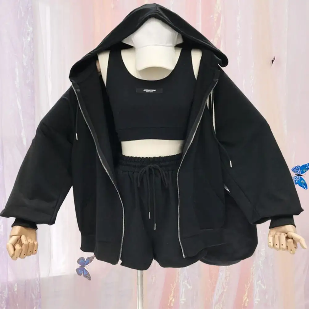 Casual Vest Hoodie Shorts Outfit Set Sweatshirt Shorts Set with Pocket Women Short Jacket Crop Top Shorts 3-piece Activewear Set