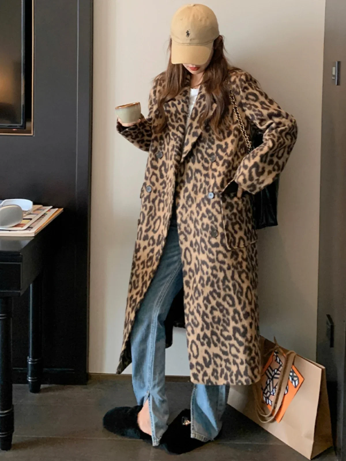 Women\'s Woolen Leopard Coats Loose Casual Double Breasted Retro Double-sided Jacket Office Lady Outerwear Autumn Winter 2024