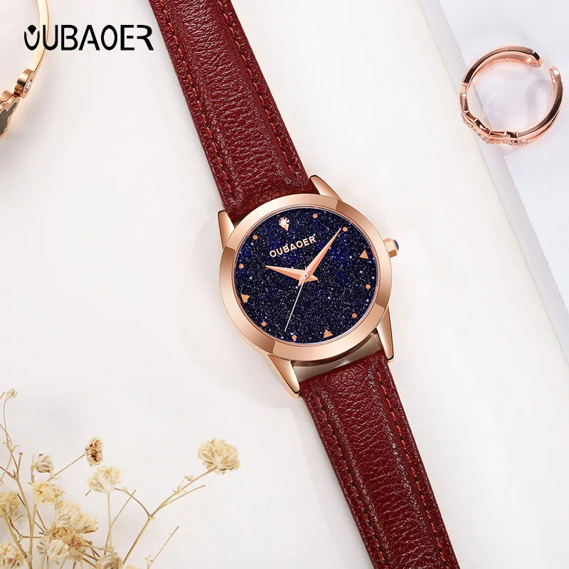 Oubaoer top original diamond quartz women\'s watch fashion starry sky dial leather strap waterproof ladies watch gift for ladies