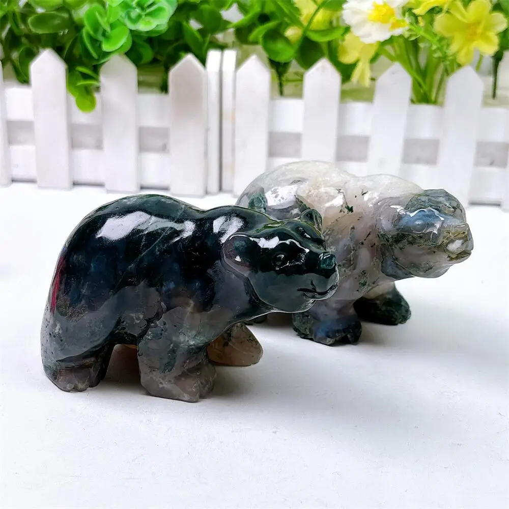 Natural Moss Agate Bear Stone 10cm Polished Healing Crystal Home Decor Animal Craft Gift