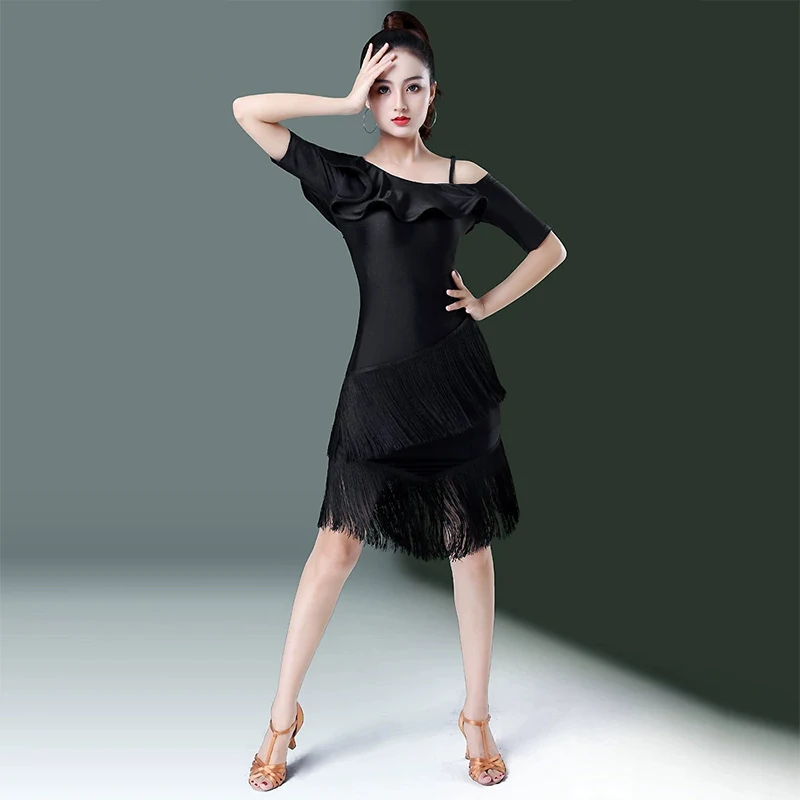 

Spring/Summer Latin Party Dance Clothing for Adult Women Diagonal Shoulder Sexy Dress Fringe Cha-cha Costume Dresses for Prom