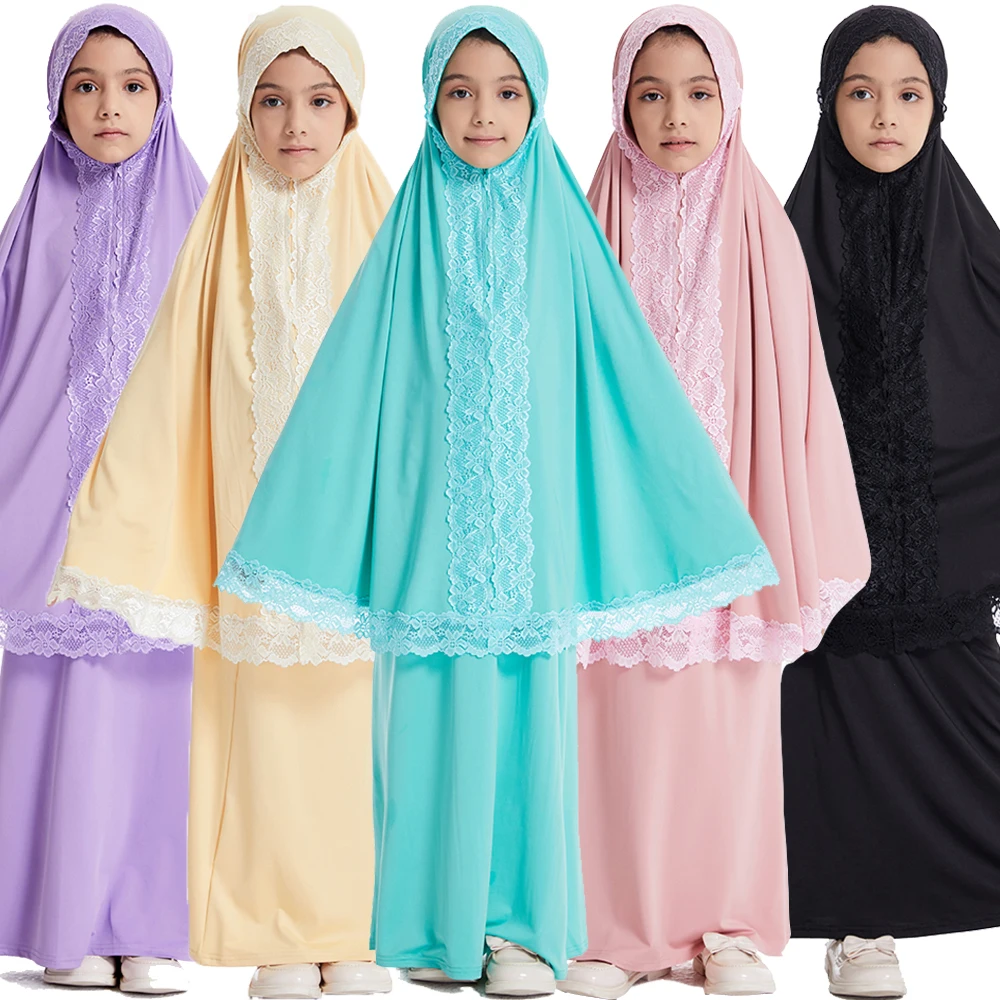 Vestido Hijab musulmán para niñas, conjunto de Abaya Eid Overhead Djellaba, prenda de oración de Ramadán, bata Khimar Jalabiya, caftán turco Burqa