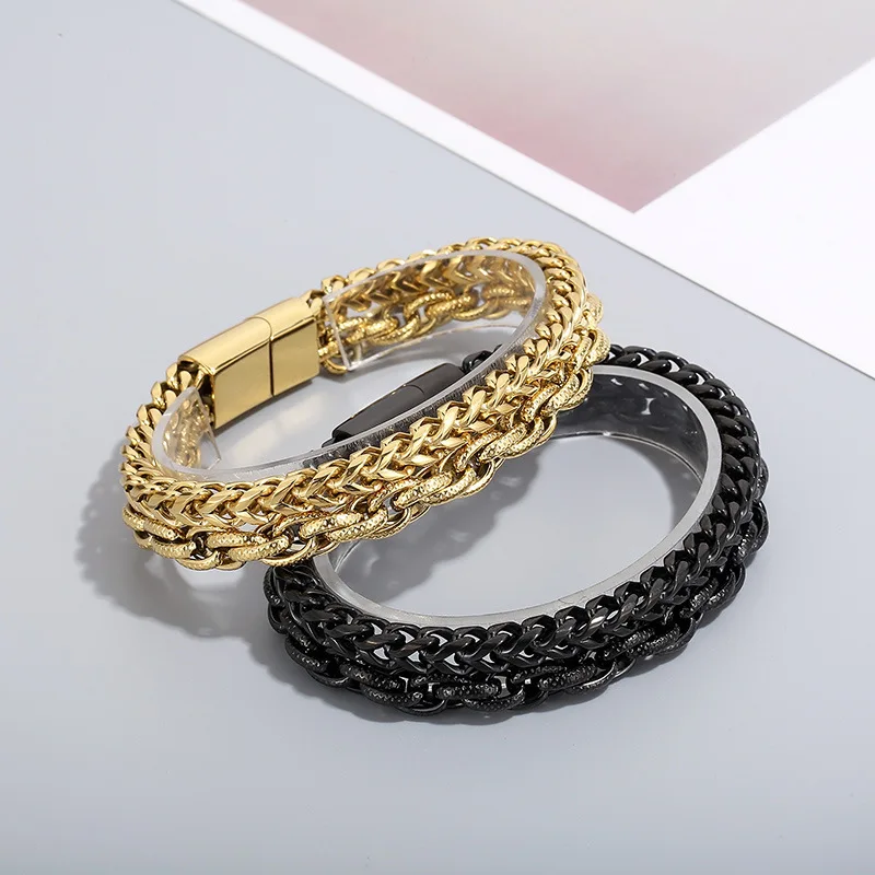 316L Stainless Steel Biker Double Layer Figaro Chain Men's Rope Link Bracelet For Friends Gifts 8mm 8.66'' 64g