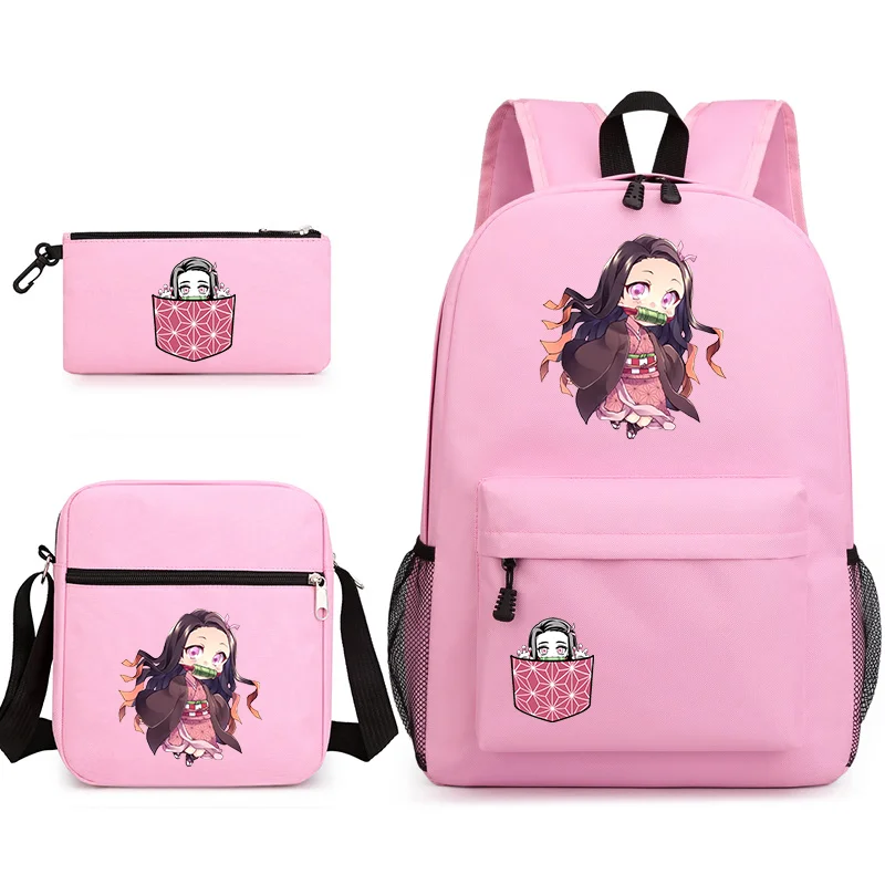 Bonito Kamado Nezuko Padrão Mochila de 3 peças Anime Kamado Nezuko Mochila Bolsa de ombro Bolsa de lápis Bolsa escolar