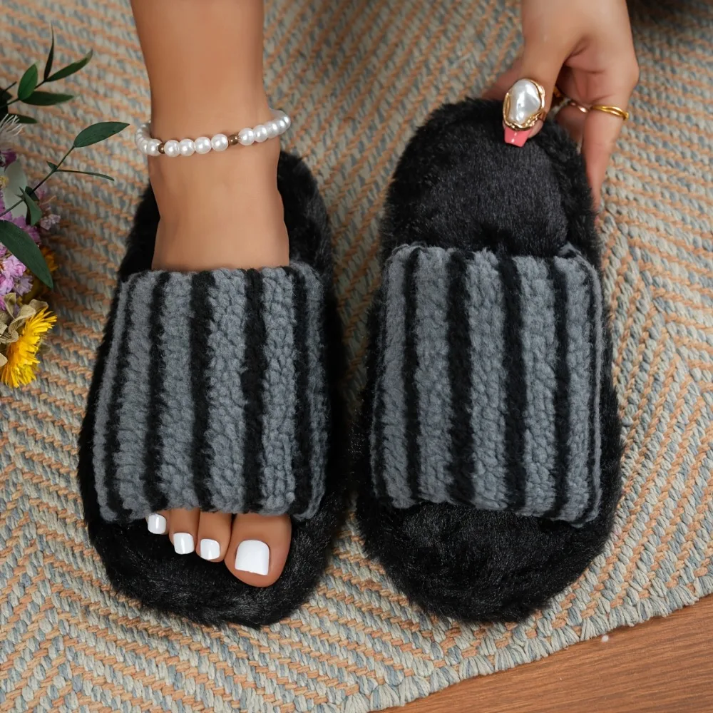 Striped Women's Slide Slippers EVA Outsole Soft Sole Open Toe Slippers Flannel Lining Anti Slip Indoor Home Slippers