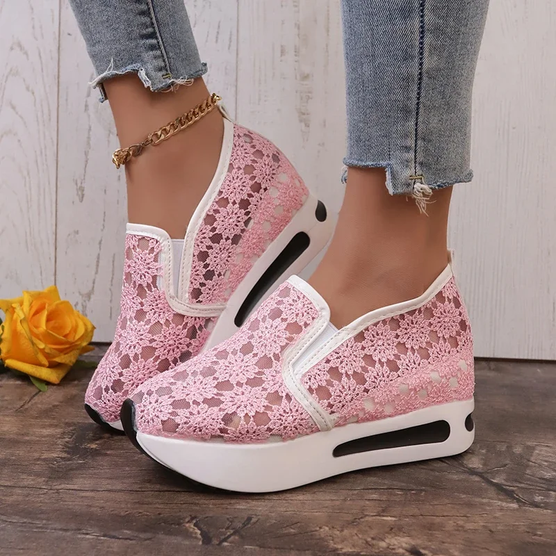 Con encaje blanco diseño De flores Zapatillas De deporte para Mujer 2025 otoño nueva malla transpirable Slip on mocasines De Mujer Zapatillas De Mujer