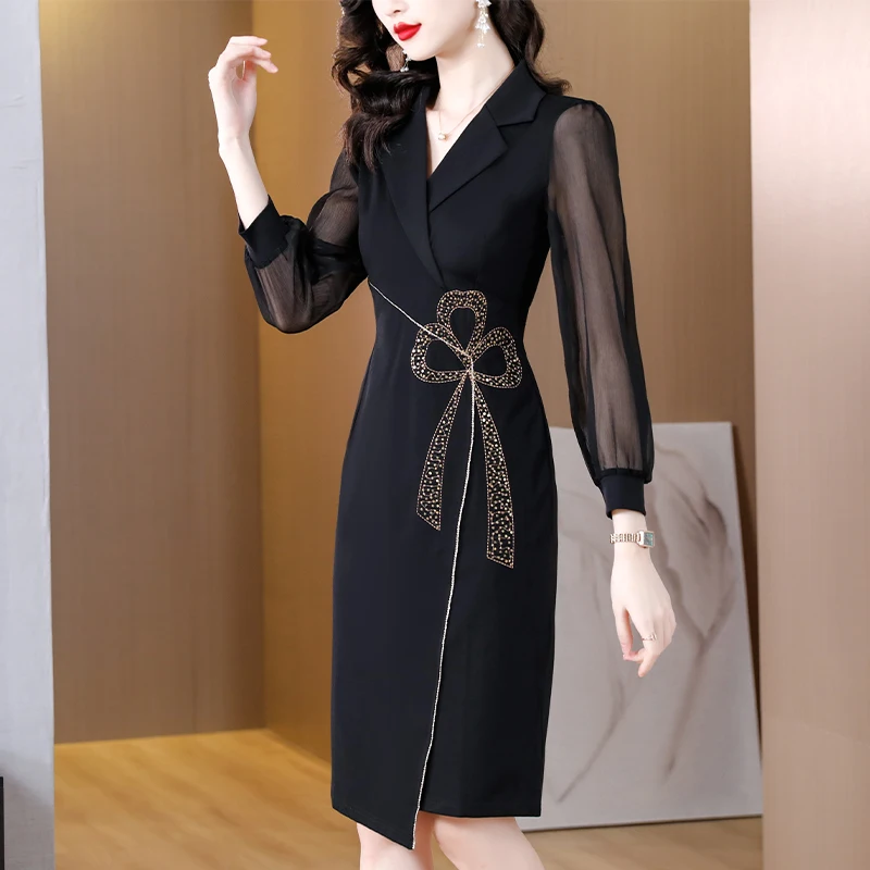 2023 Spring and Autumn Silk Suit Collar Long Sleeve Black Lace Panel Wrapped Hip Dress Women's Commuter Casual Slim Dress