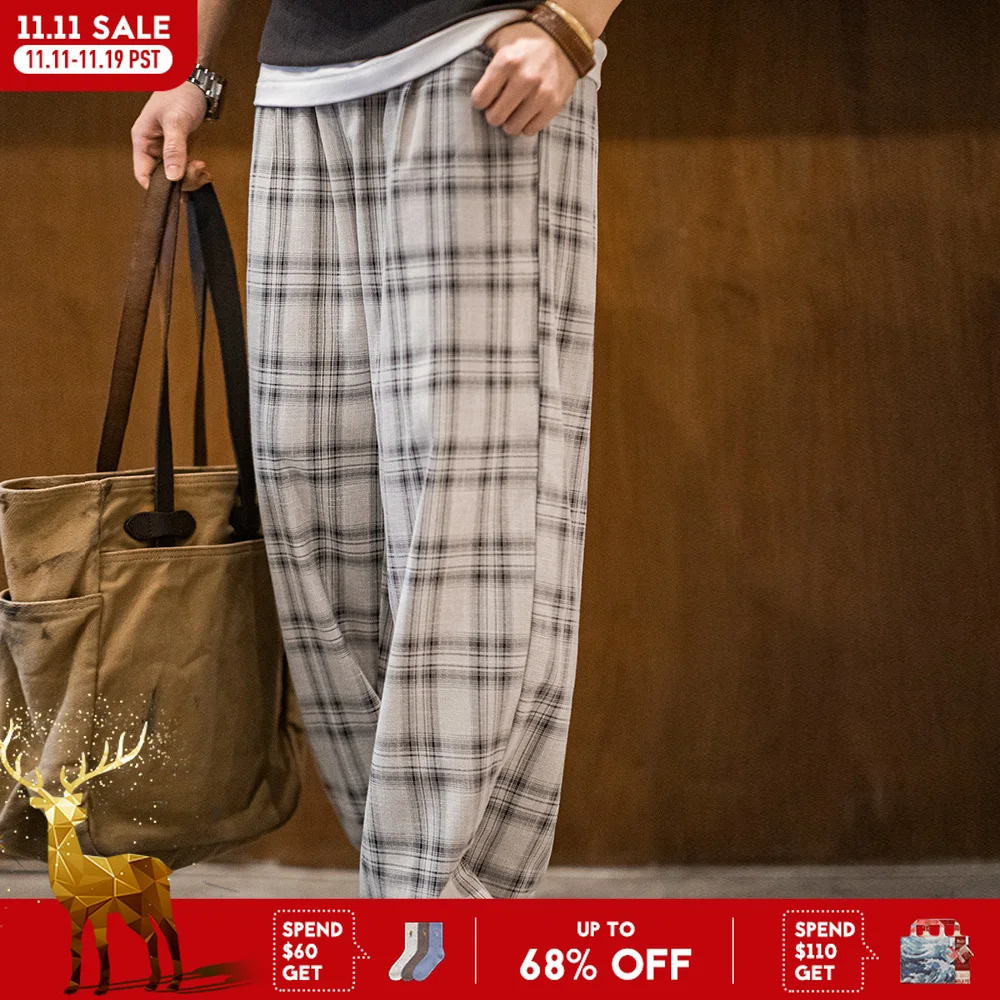 

Maden Men's Vintage Checkered Cargo Pants Spring Lightweight Loose Fit Drawstring Waist Straight Trousers Casual Wide Leg Pants