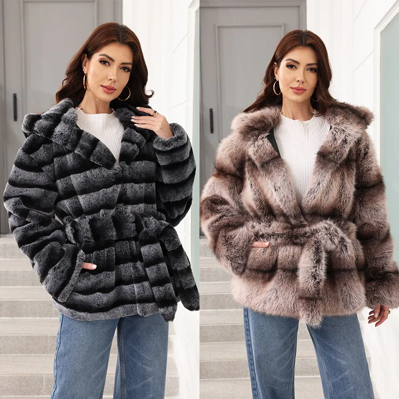 

Faux Fur Women Coats Hooded Full Sleeve Lace Up Tight Waist Coat Thick Warm Y2k Streetwear Elegant Splice Autumn Winter 2025