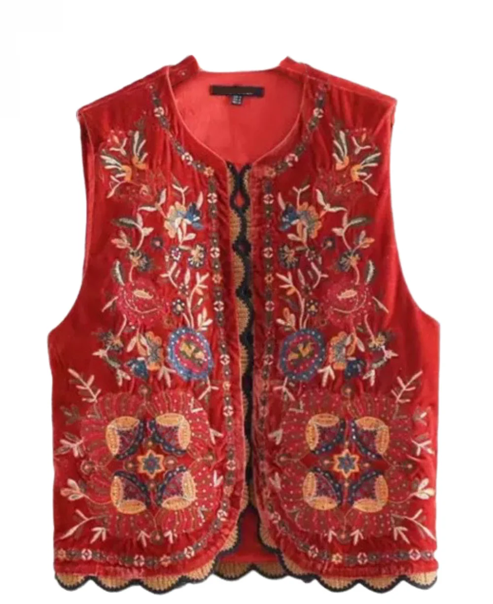 Women Men Full Embroidered Vest Sleeveless Linen Open Front Embroidery Flower Cardigan Outwear Gilet Vest Blouse Top for Summer