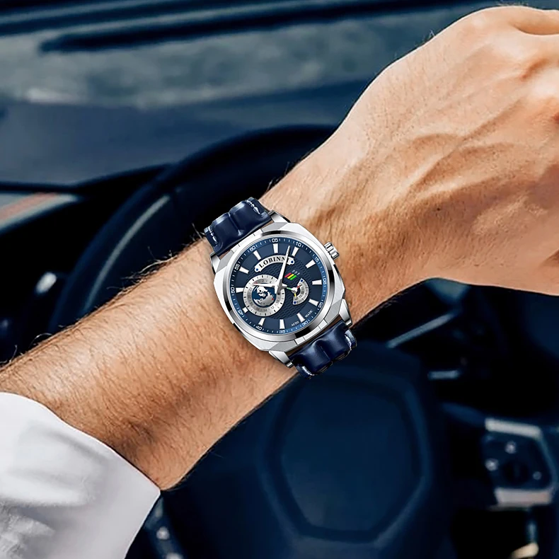 LOBINNI ساعات رجالي فاخرة 43 مللي متر ساعة أوتوماتيكية ميكانيكية ساعة اليد مقاوم للماء الياقوت مضيئة مربع حزام من الجلد
