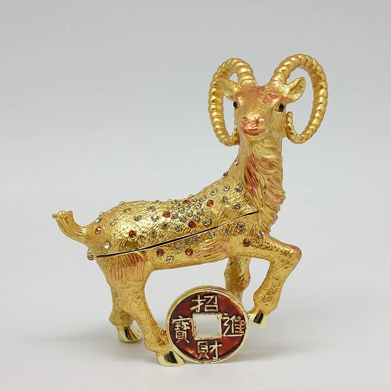 SHINNYGIFTS Feng Shui Yuan Bao Money Goat Sheep Copper Decoration, Sheep Shape Trinket Box  Statue Ornament