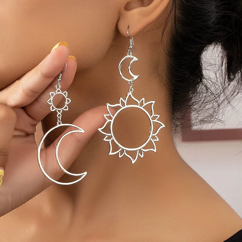 Vintage Big Hollow Moon Sun Pendant Earrings For Women Silver Color Asymmetric Earrings Party Jewelry