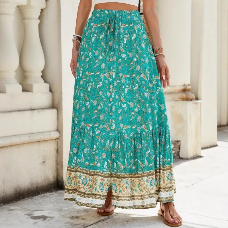 Vintage Chic Women Green Floral Printed Bohemian Wide Lady Elastic Waist Loose Rayon Beach Boho Long Skirts