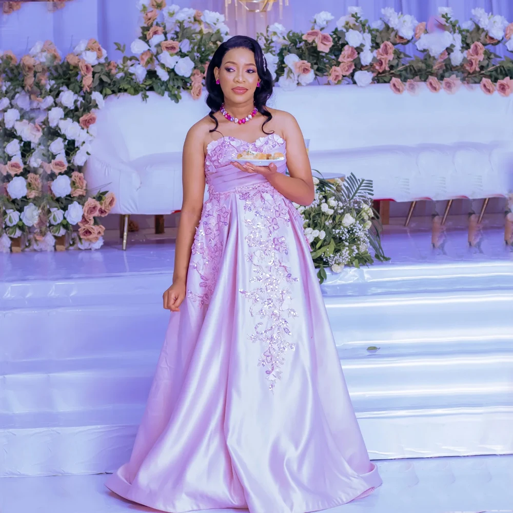 

Pink Satin A-Line Prom Dresses 2025 Black Girls Applique Corset Strapless Flowers Evening Gown For Birthday Party Customized