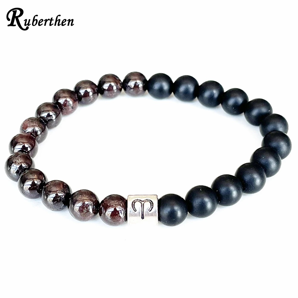 Ruberthen New Design Aries Zodiac Bracelet 8 MM Garnet Matte Black Onyx Energy Wrist Mala Natural Gemstone Jewelry