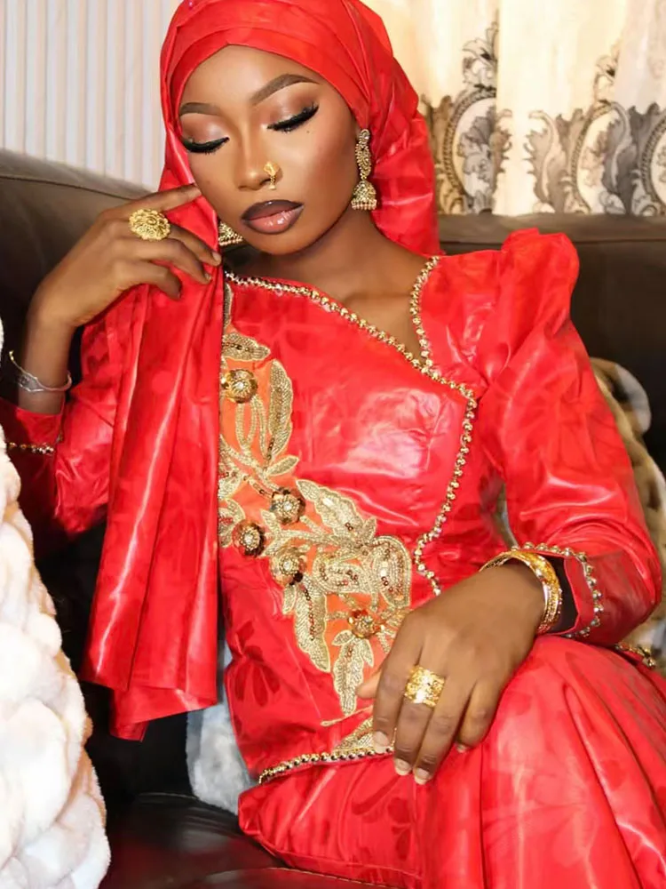 

African Bazin Style Custom New Two-Piece Robe Top Set | Elegant Classic Print, Plus Size for All Seasons Celebration Dress