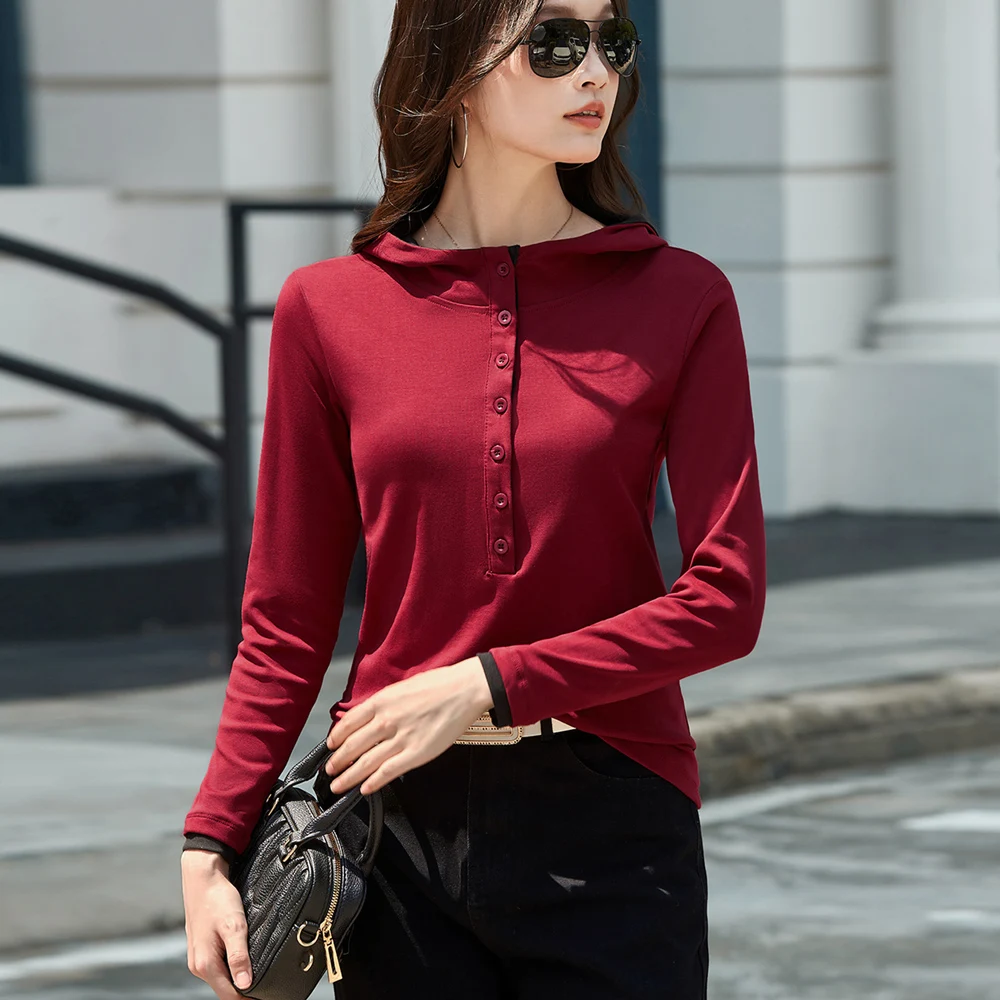 Wine red long sleeved T-shirt for women's spring and autumn new high-end cotton fashion plus size hooded slim fit casual top