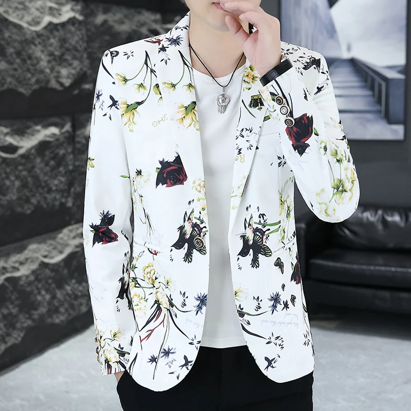 2024 Autumn Gilded Floral Suit Jacket Men's Slim Fit Long Sleeve Blazers Korean Fashion Casual Social Jackets Men Clothing