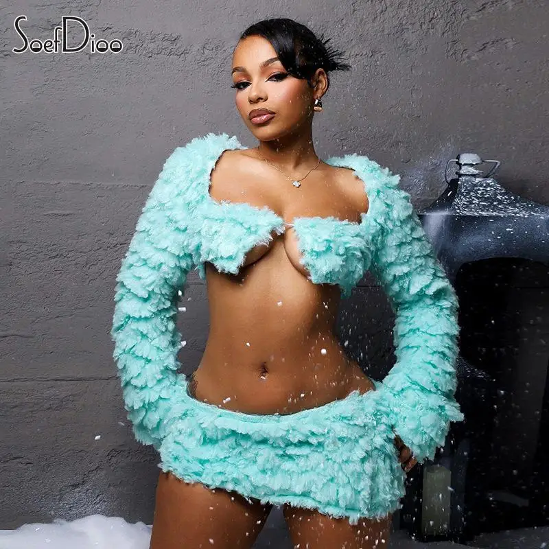 

Soefdioo Fuzzy Warm Suit for Women Sexy Long Sleeve Crop Jackets and Mini Skirt 2 Piece Sets 2024 Winter Party Club Outfits