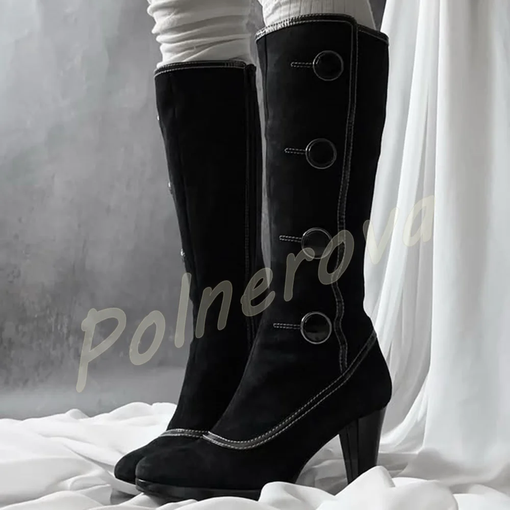Women Vintage Lolita Knee High Boots Suede Round Toe High Heel Button Decor Boots Contrast Stitching Side Zipper Gothic Boots