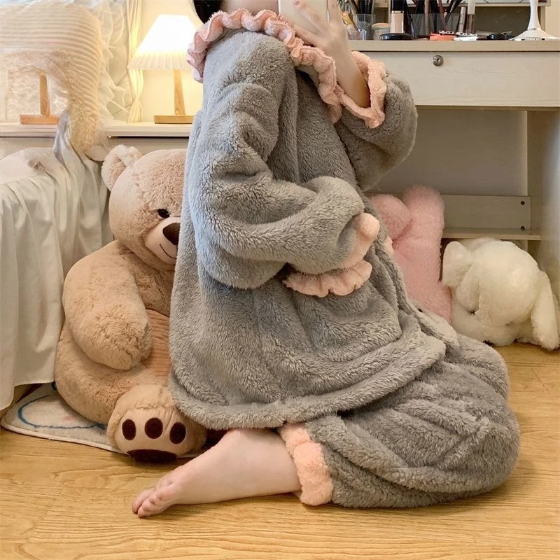 2024 Women Winter New Homewear Sweet Girl Lazy Home Set Thicken Loungewear Popular Princess Style Coral Plush Cardigan Pajamas