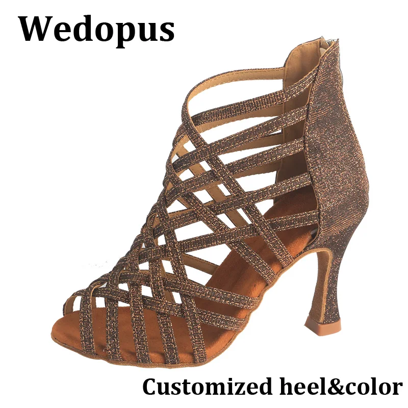 

Wedopus Brown Women's High Top Latin Dance Shoes Sexy Stretch Fabric Ballroom Pole Jazz Dance Boots Cuban Heel ﻿9CM