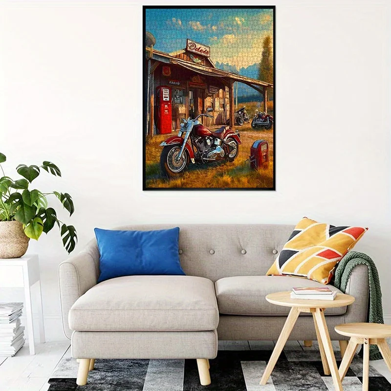 Vintage tankstation met motorfietsen puzzel volwassen retro thema intellectueel spel thuis vrije tijd decoratief puzzelspeelgoed